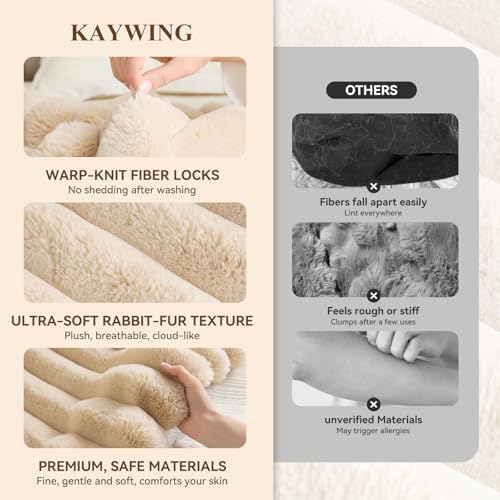 KayWing Faux Fur Throw Blanket: Beige Reversible Ultra Soft Rabbit