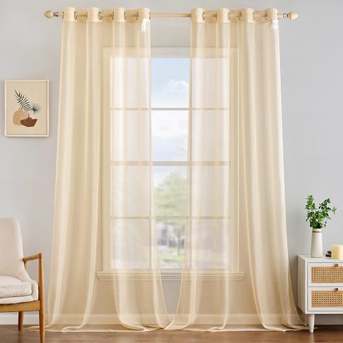 MIULEE 2 Panels Solid Color Cream Beige Sheer Curtains 120 Inch Length