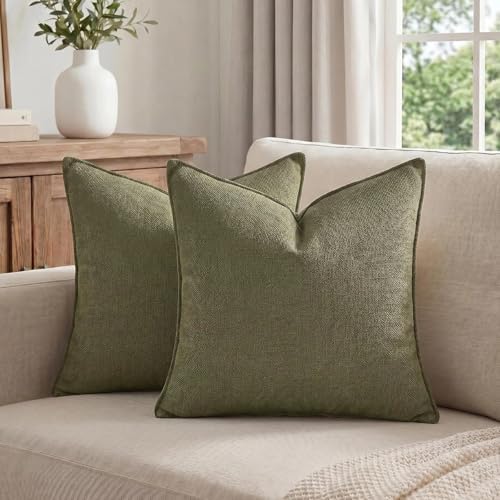 Fancy Homi Set of 2 Olive Green 22x22 Inch Soft Chenille Decorative