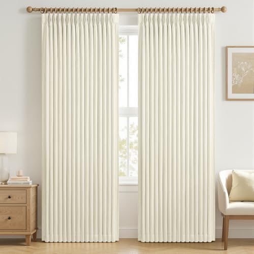 Pinch Pleat Beige Cream Blackout Curtains 108 Inch Long 2 Panels for