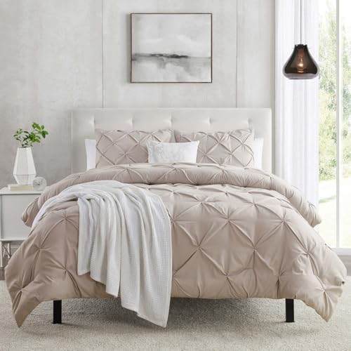 Clara Clark Taupe Duvet Cover King Size 3 Piece Pintuck Comforter