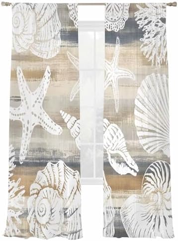 Beige Grey Coastal Semi Sheer Curtains 108 inch length 2 panels set