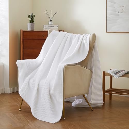 100% Cotton Waffle Blanket for Bed King Size, White, 104 x 90 Inches