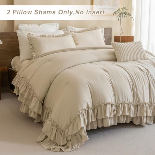 QSH Wheat Ruffled Pillow Shams Queen Size Set of 2, Shabby Farmhouse