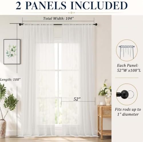 Chyhomenyc Extra Long Ivory Sheer Curtains 108 inch Long, 2 Panels