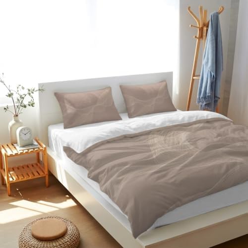 Warm Taupe Line Art Duvet Cover Queen Size, Modern Abstract Art Luxury