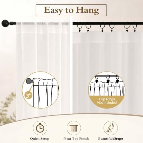 OWENIE Ivory Sheer Curtains 72 Inches Long for Living Room 2 Panels