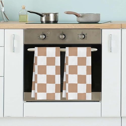 Beige and White Plaid Checkered Hand Towels Set of 2,Waffle Weave Soft