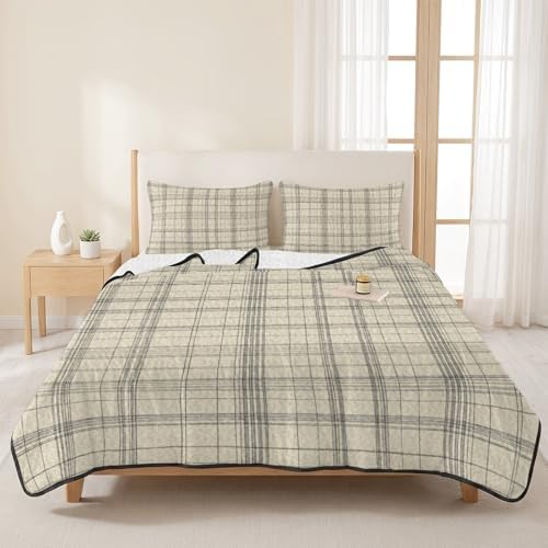 Quilts King Size Bedding Set, Check Plaid Lightweight Quilted