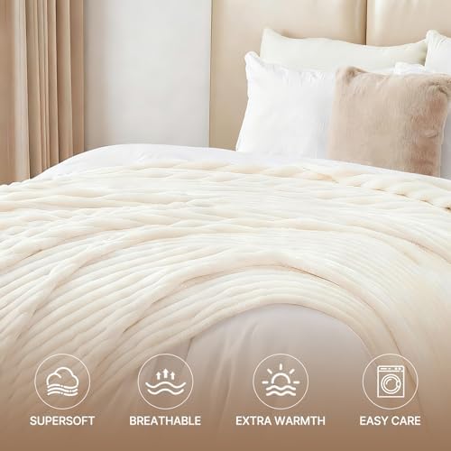 Nookly Cream King Size Blanket for Bed, Soft Lightweight Plush Ribbed