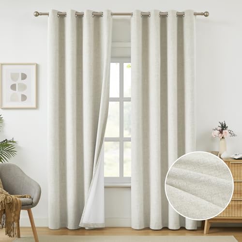 Melodieux Natural Linen Blackout Curtains 96 Inches Long, Thermal