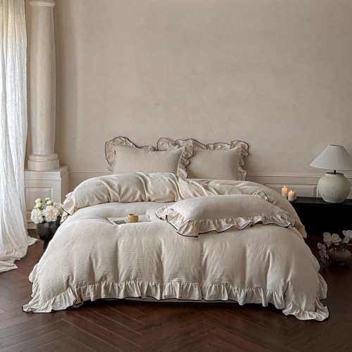 Linen Cotton Duvet Cover King,French Ruffled Bedding Set 3pcs