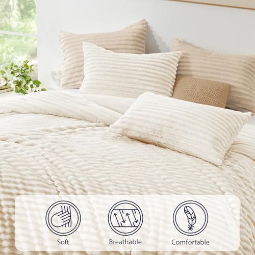 EXQ Home Fluffy Comforter Set King Size,3 Pieces Bed Set,Cream White