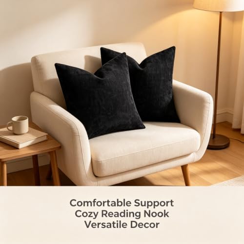 Chenille Decorative Throw Pillow Covers 18x18 Set of 2 Black