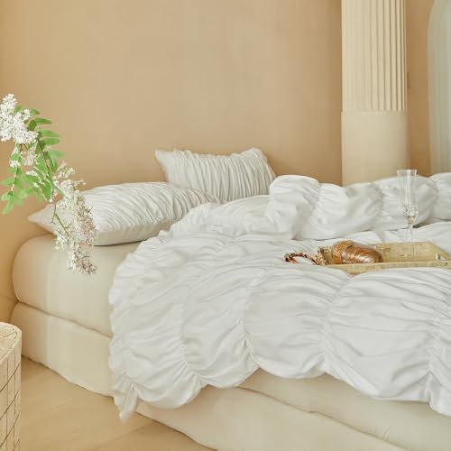 Cream Ruched Twin XL Duvet Cover, Vintage Boho Textured, Zipper & Ties