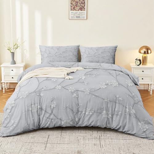 Light Gray Duvet Cover King - Ink Painting Flowers Plants Vines
