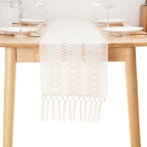 Oversized Boho Hollow Weave Runner 12×120, Off-White Crochet with