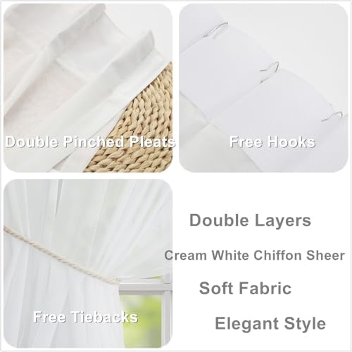 Double Layers Pinch Pleated Cream Sheer Curtains 63 Inches Long Drapes