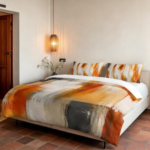 Orange Beige Gray Duvet Cover Set 3 Pieces with Zipper Closure