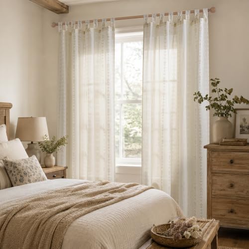 Tab Top Farmhouse Cream Cottage Core Patterned Linen Curtains 84 Inch