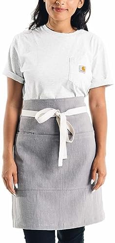 Caldo Linen Bistro Cafe Apron - Professional Grade with Pockets, Half