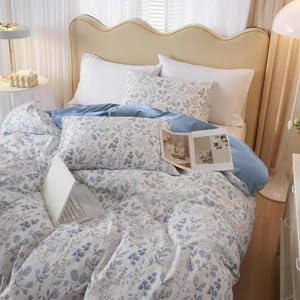 Nanko Floral Duvet Cover Set Queen Size, Blue and White Flower Leaf