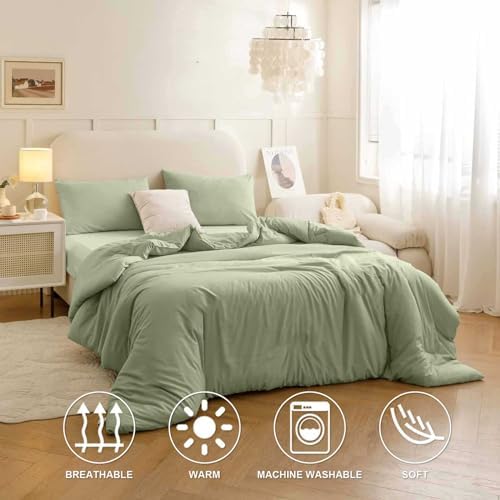 Nanko Queen Duvet Cover Set, Sage Green Luxury Soft Microfiber