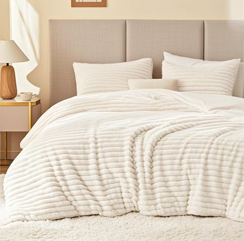 EXQ Home Fluffy Comforter Set King Size,3 Pieces Bed Set,Cream White