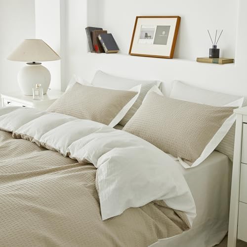 SUSYBAO Khaki Textured Duvet Cover Queen 100% Cotton 3 Pieces Set
