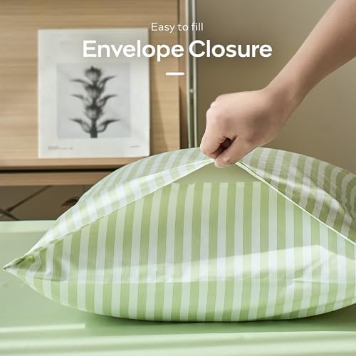 JELLYMONI Cotton Printed Striped Pillowcases Set of 2, Sage Green