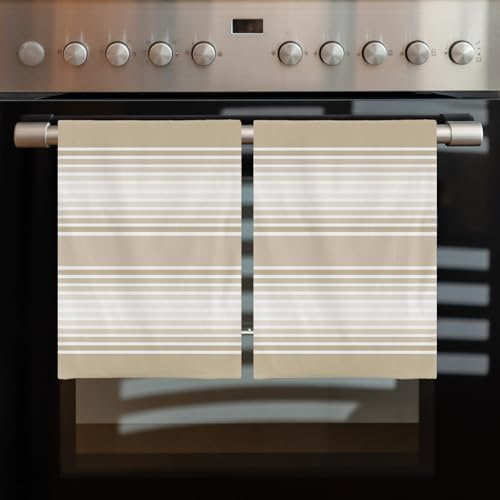 Beige Striped Kitchen Towels Set of 3, Ultra Absorbent Dish Towels