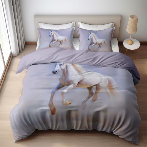 King Duvet Cover Set Soft Microfiber Oil Painting Horse Light Purple
