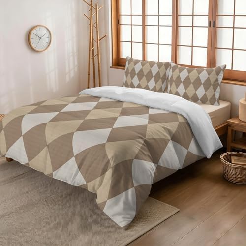 3 Pieces Bedding Set King Size, Coffee Beige Rhombus Soft Duvet Covers