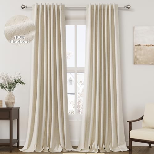 Beige 100% Blackout Linen Curtains 108 Inches Long for Bedroom Back