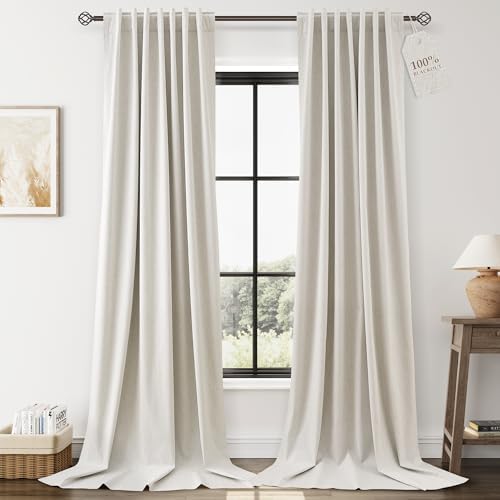 Cream 100% Blackout Linen Curtains 120 Inches Long for Bedroom Back