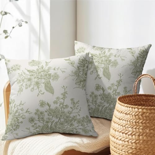 Sage Green Floral Throw Pillow Covers 22x22 Set of 2 Chinoiserie Line