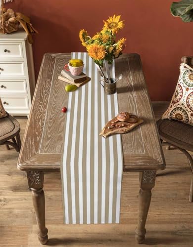 Beige Striped Cotton Linen Rectangle Table Runners 13"x108", Modern