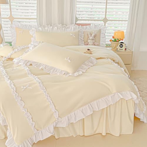 IHOUSTRIY Ruffle Duvet Cover Full Size, Cute Bedding Set Set with Bow