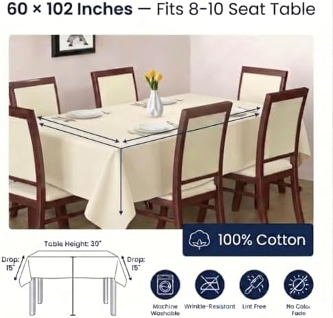 Urban Villa Tablecloth Cotton Tabletop 60x102 (8-10 Seats) Ivory