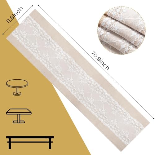 Shimeyao 12 Pcs Burlap Table Runners White Lace 11.8 x 70.9 Inch
