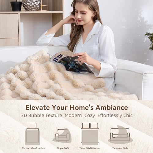 KayWing Faux Fur Throw Blanket: Beige Reversible Ultra Soft Rabbit