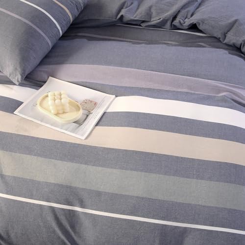 vctops 100% Washed Cotton Duvet Cover King Size 3 Pieces Grey Striped