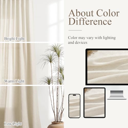 Aersas Extra Long Linen Curtains 52x120 Inches for Living Room, Birch