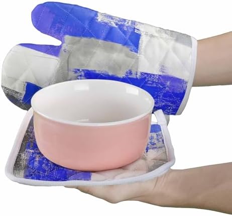 Quilted Cotton Terry Cloth Oven Mitt, Pot Holder Blue Grey White Smear