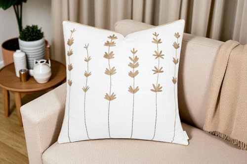 VAGMINE Embroidered Wildflower 20x20 Throw Pillow Cover, Ivory