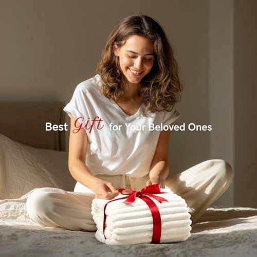 INFIIXSO Striped Sherpa Throw Blanket for Couch, Warm Plush, Cream