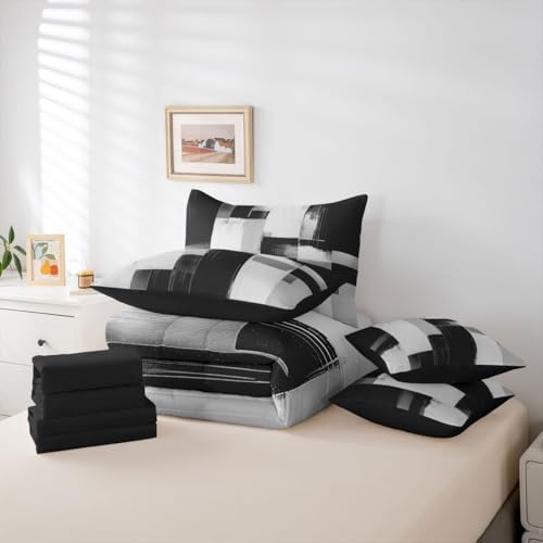 Feelyou Abstarct Comforter Set Twin Size 7 Pieces Black Gray Bedding