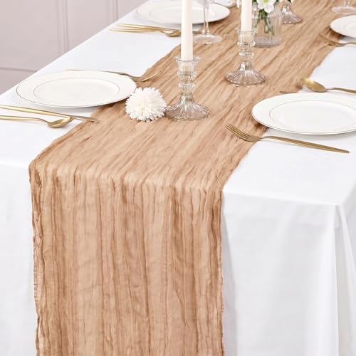 12 Pack Beige Cheesecloth Table Runner 17x108 Inch Boho Wrinkled Sheer