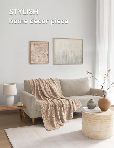 YnM Chunky Cotton Knit Throw Blanket, Cable Knit Throws for Bed Couch