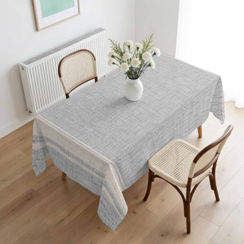 Woven Fabric Table Cloth, Rustic Vintage White Stripe Light Gray Linen